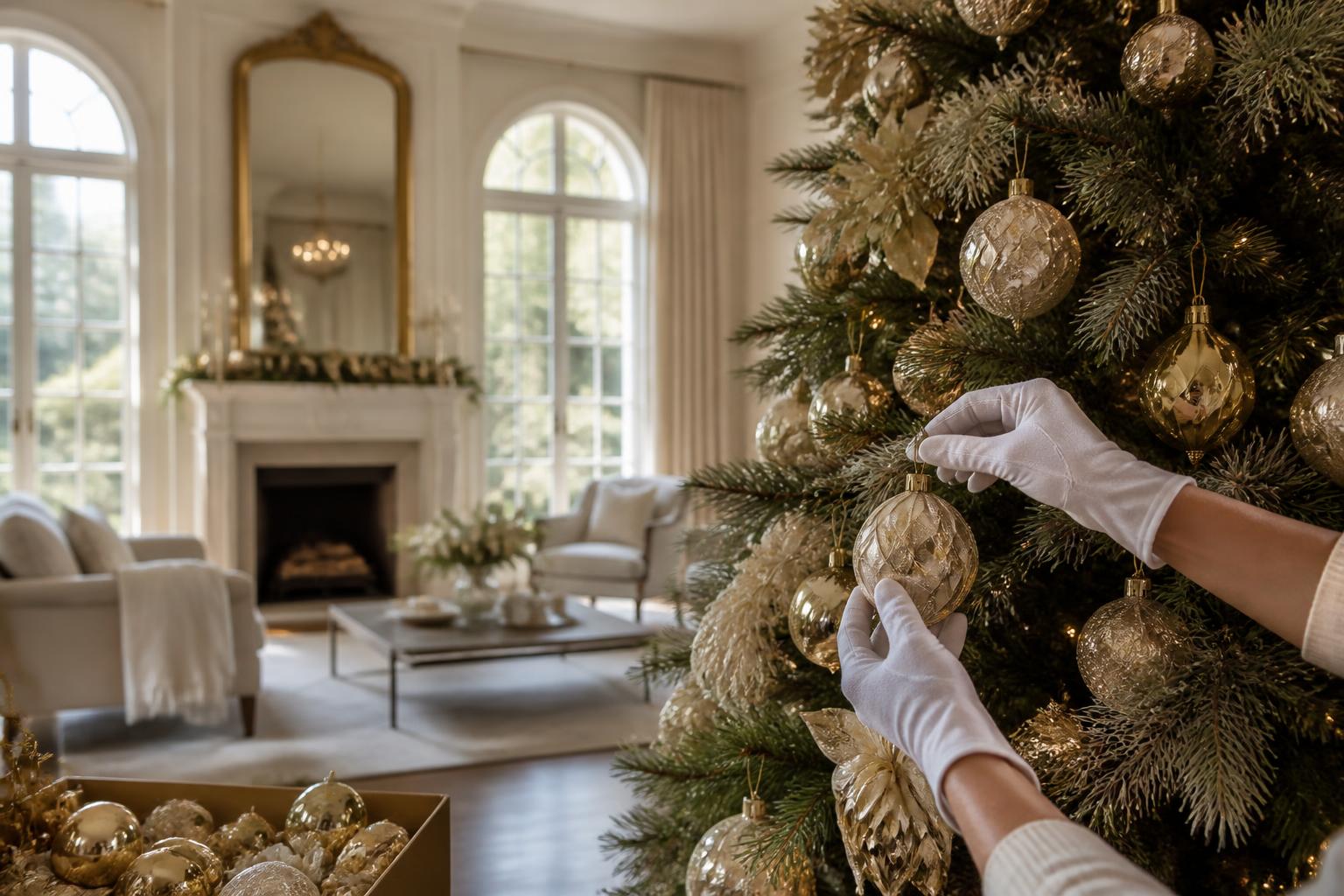 Decorator in white gloves placing a gold ornament on a Christmas tree in an elegant living room