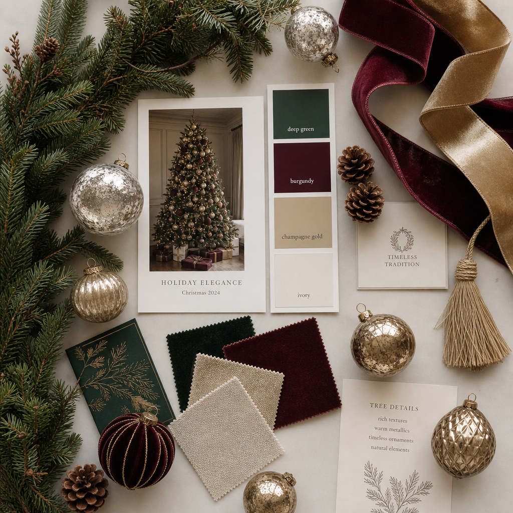 Holiday design mood board with greenery, ribbon, color swatches, and ornaments