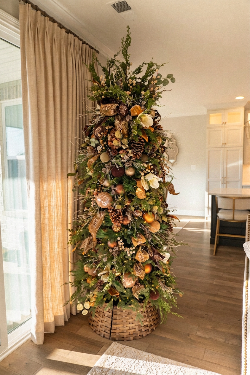 Copper-toned woodland Christmas tree in a refined Knoxville home