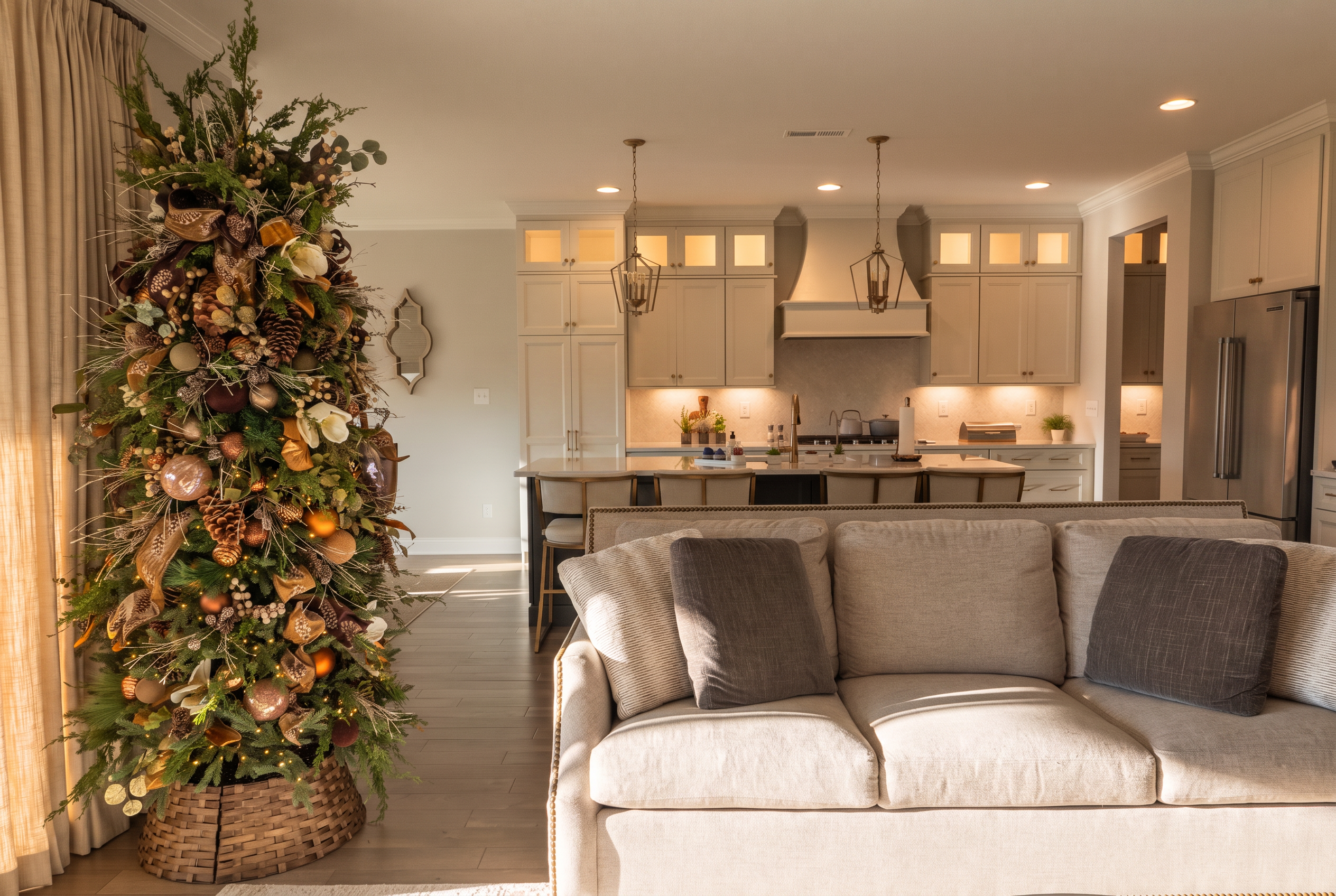 Copper, gold, and magnolia Christmas tree with pinecones and frosted greenery in a warm open-concept living room and kitchen