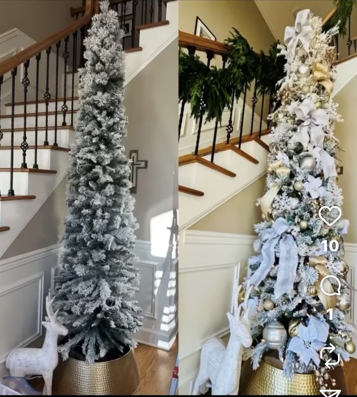 Side-by-side before and after of a tall flocked pencil tree in a two-story foyer, transformed with silver and gold ornaments, ribbon, and fresh garland on the staircase