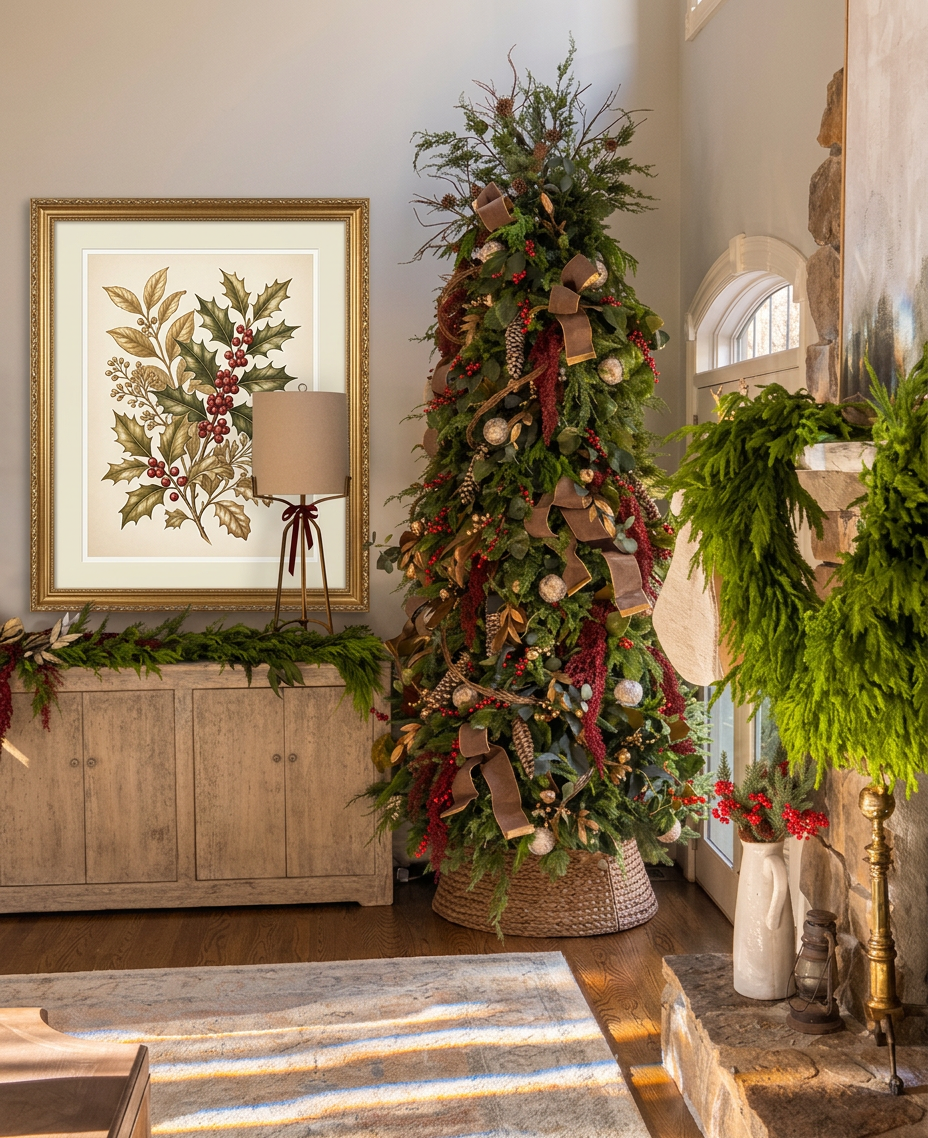 Christmas tree and fireplace area with a large framed botanical holly print and berry accents