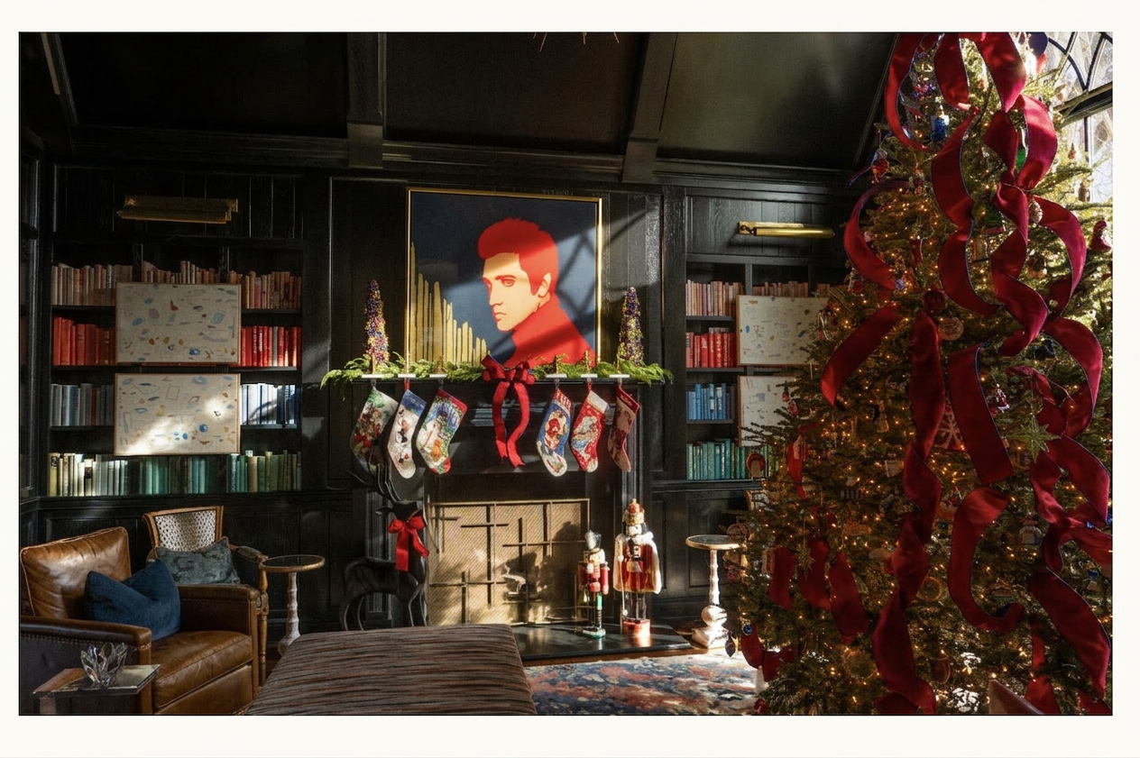 Black-paneled library with abundant crimson ribbon cascading down the Christmas tree
